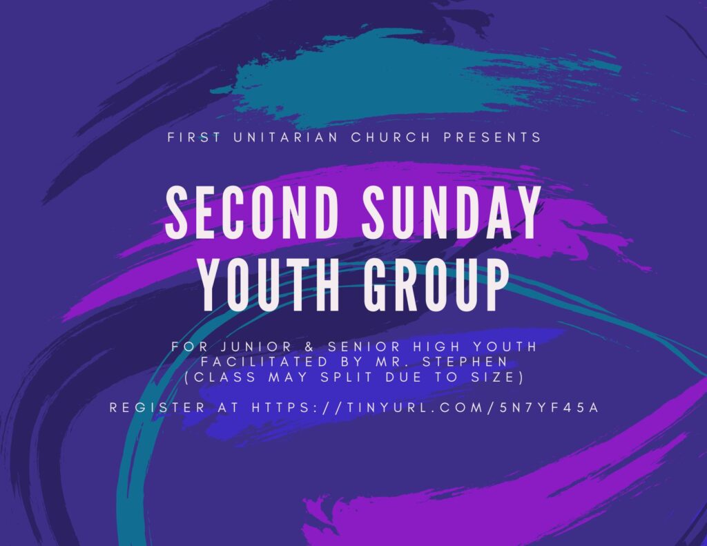 Swirls of purples and blues frame the words of this flier for our youth group.  It reads "Second Sunday Youth Group. For Junior & Senior High Youth. Facilitated by Mr. Stephen (class may split due to size)."