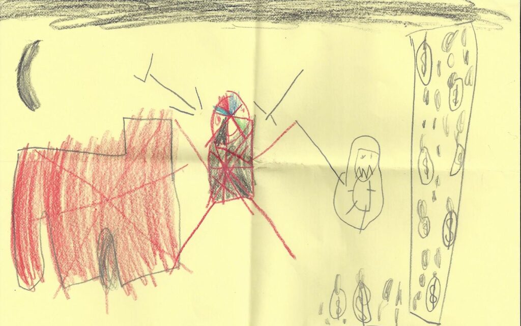 A hand-drawn picture of spiderman saving a person falling from a building.
