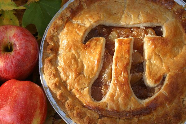 A picture of an apple pie surrounded by apples.  The crust of the pie has been cut to show the mathematical symbol for pi.