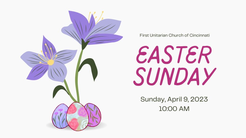 A flier for Easter Sunday shows purple flowers and purple Easter Eggs.  The information on the flier is the same as the text description.