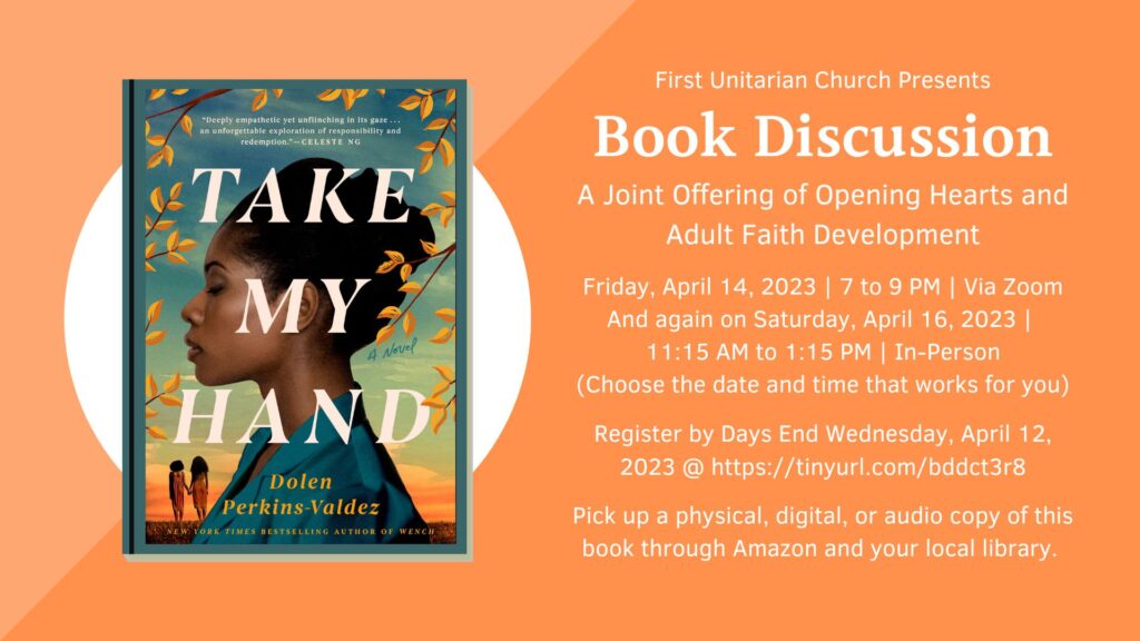 A flier for this book discussion.  It contains a picture of the book cover, and all the pertinent information listed in the text description.
