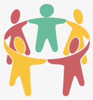 A group of multicolored stick figures stand in a circle holding hands. 