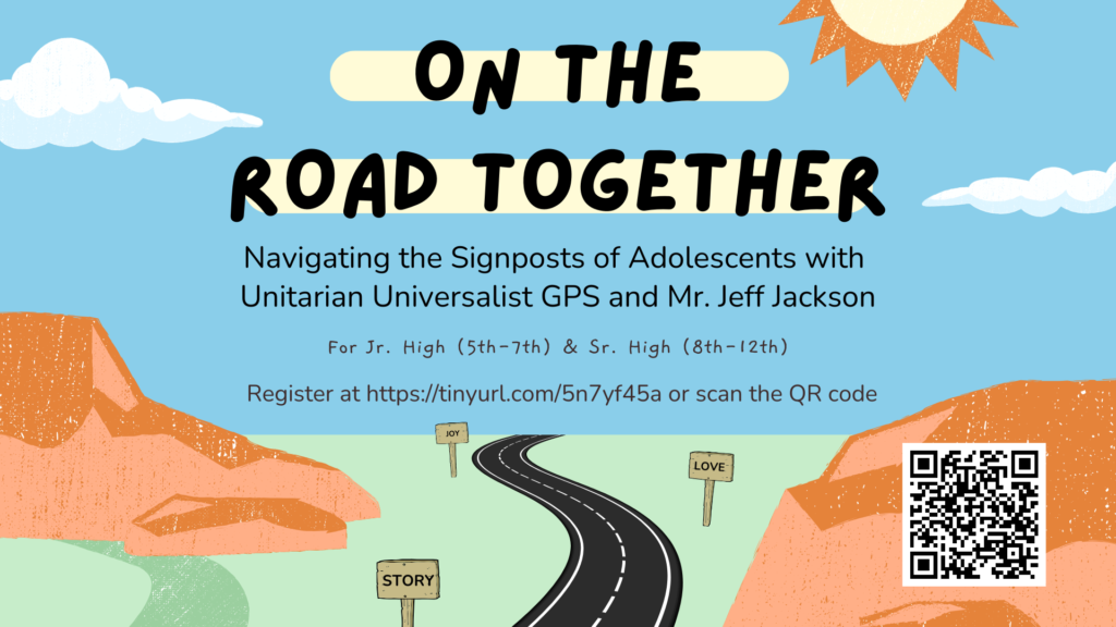 A flier for youth group.  It depicts a winding blacktop road curving between two mountains.